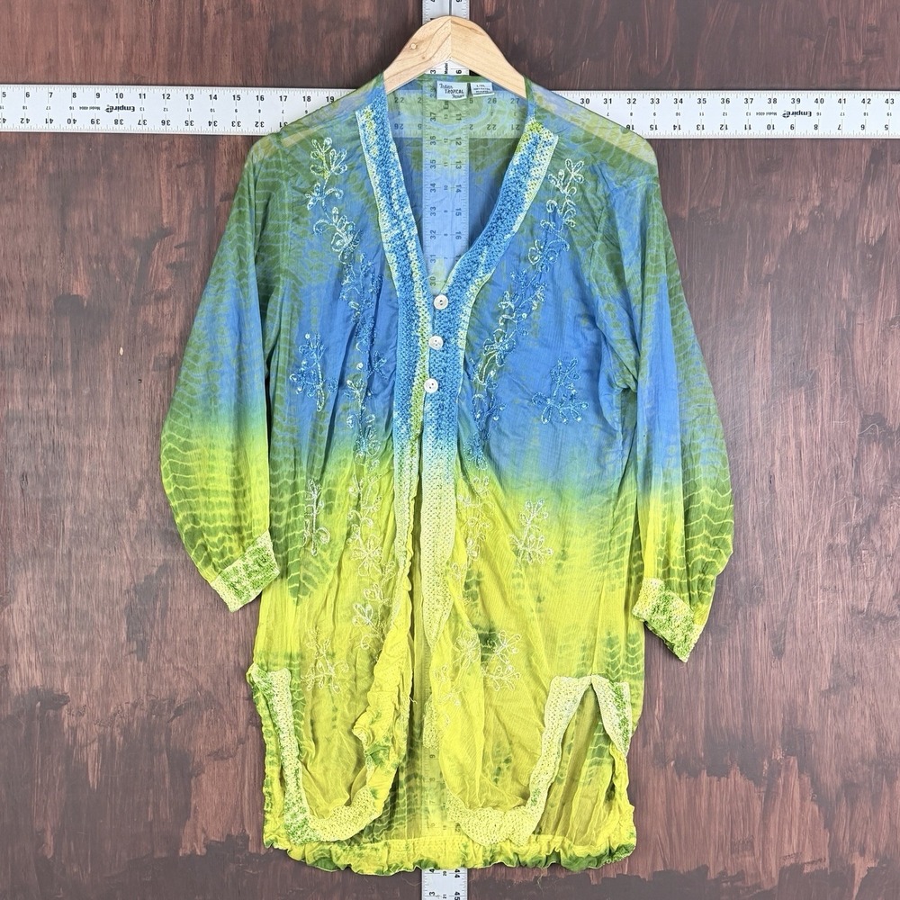 Indian Tropical Fashion Beach Vacation Top Cover Blouse Blue Yellow Women L/XL